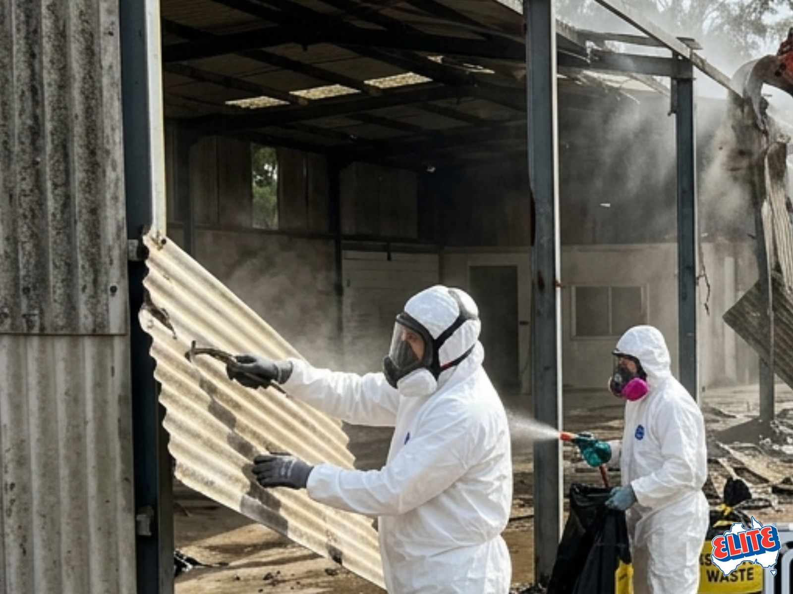 Asbestos-contaminated structure being demolished under controlled conditions